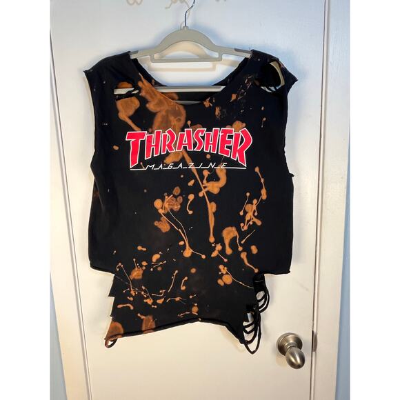VTG Upcycled Thrasher T-Shirt Medium Black Bleach Distressed Grunge Festival - Picture 1 of 6